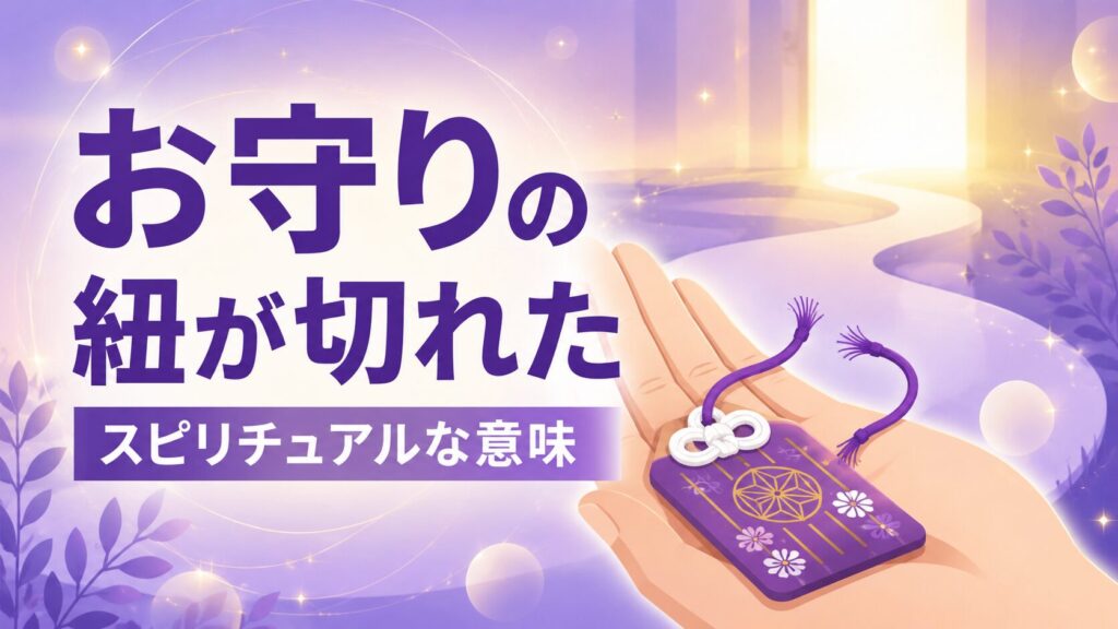 お守りの紐が切れたスピリチュアルな意味をイメージしたアイキャッチイラスト。手のひらの上で紐が切れたお守りを描き、光の道や柔らかな輝きで転機や浄化、新たな始まりを象徴。スピリチュアルな世界観を抽象的な背景で表現したフラットデザイン。