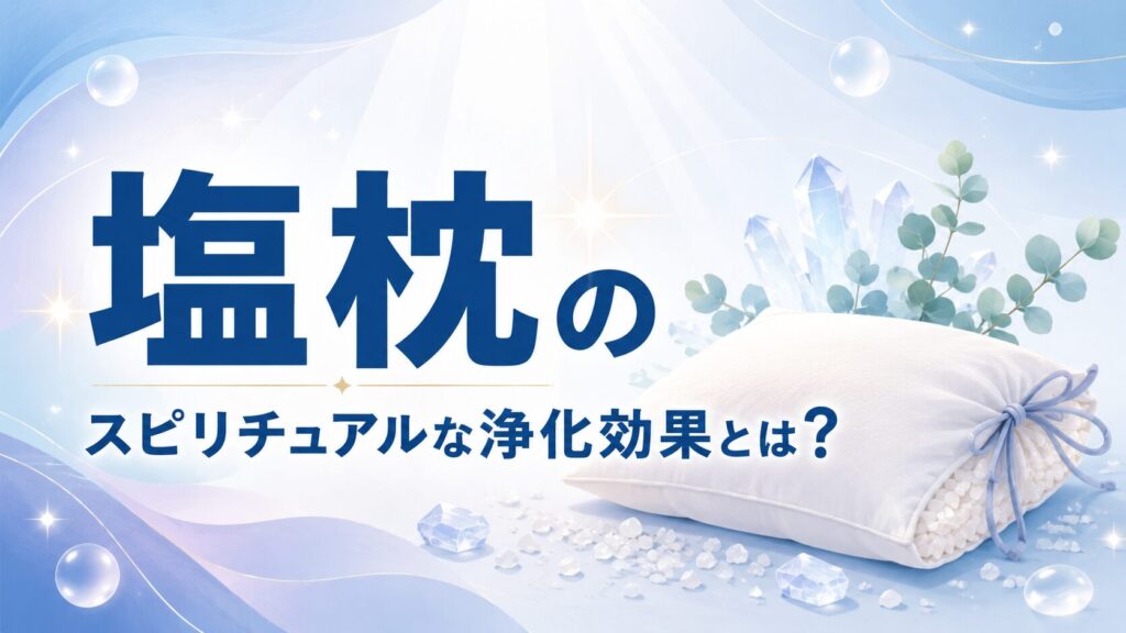 塩枕のスピリチュアルな浄化効果を表現したアイキャッチ画像。邪気払い、悪い気の浄化、運気アップ、安眠サポートを連想させる抽象的なフラットイラスト