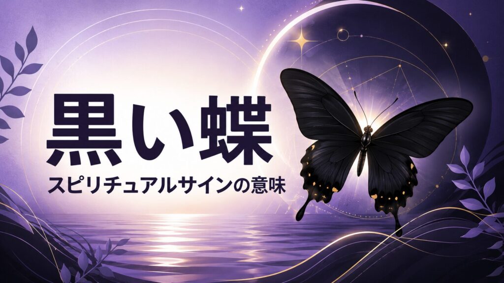 黒い蝶と神秘的な光が浮かぶスピリチュアルな世界観のフラットイラスト。中央に「黒い蝶」、下部に「スピリチュアルサインの意味」の日本語タイトルを大きく配置したブログアイキャッチ画像。