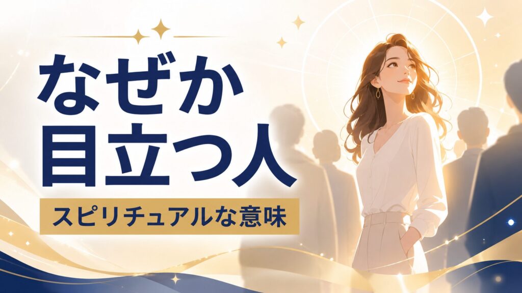 なぜか目立つ人のスピリチュアルな意味とは？オーラがある人、存在感が強い人、引き寄せ体質の人をイメージした人物と光の抽象表現を描いたブログ記事用アイキャッチイラスト。