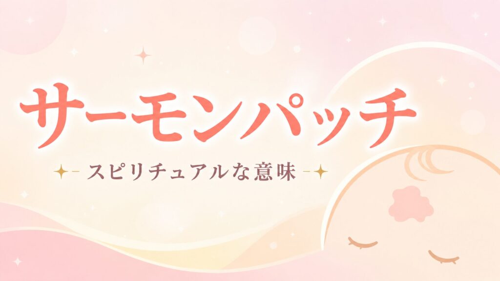 サーモンパッチのある赤ちゃんの額をモチーフにしたパステルカラーのフラットイラスト。サーモンパッチのスピリチュアルな意味を解説する記事のアイキャッチ画像。