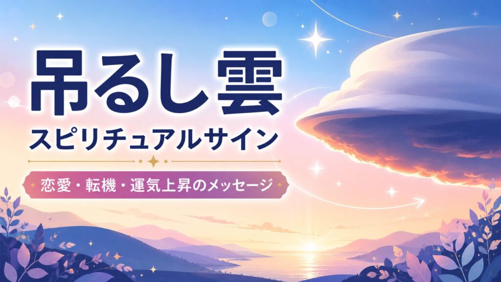 吊るし雲をモチーフにしたスピリチュアルなフラットイラスト。幻想的な空に大きな吊るし雲が浮かび、『吊るし雲 スピリチュアルサイン 恋愛・転機・運気上昇のメッセージ』のタイトルを配置したブログアイキャッチ画像