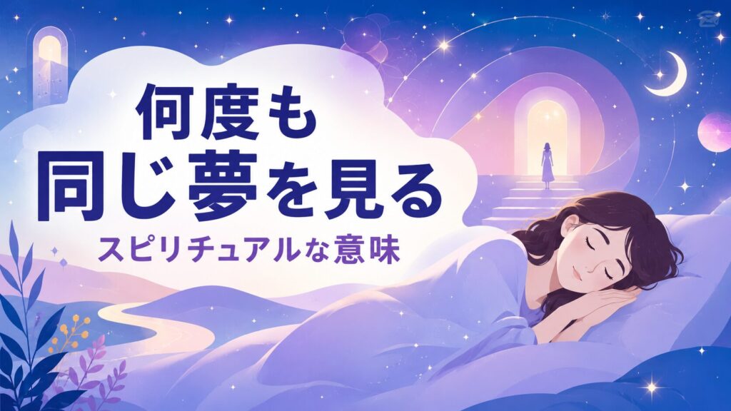 「何度も同じ夢を見る スピリチュアルな意味」というタイトルのブログ記事アイキャッチ。眠る女性の周囲に星空や幻想的な光の扉が広がり、繰り返される夢とスピリチュアルな世界観を抽象的に表現したフラットイラスト。大きな日本語タイトルを中央左に配置した16:9バナー。