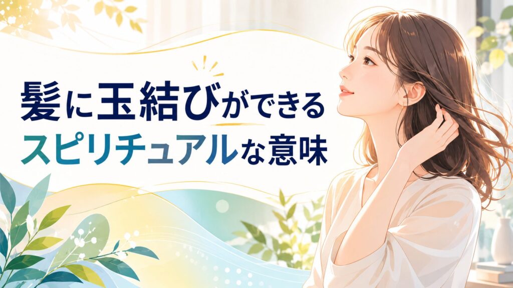 『髪に玉結びができる スピリチュアルな意味』のブログアイキャッチ。柔らかなベージュとグリーンを基調としたフラットイラスト。セミロングの日本人女性が髪を気にしながら毛先を見つめている。背景には有機的な曲線や植物モチーフを抽象的に配置し、内面の変化や気づきを感じさせる落ち着いた空気感を表現。左側に『髪に玉結びができる』、その下に『スピリチュアルな意味』のタイトルを大きく配置した横長デザイン。